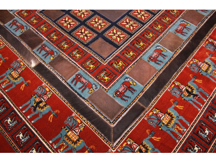 Lederteppich Kombination Leder und Teppich 147x147 cm Rot