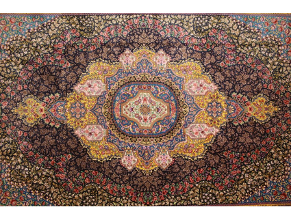 Exklusiver Seidenteppich  Ghom reine Seide Dunkelblau 197x138 cm